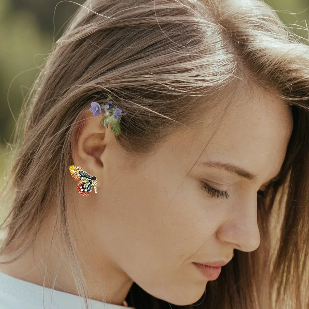 Butterfly Goldtone Post Earrings with Colorful Crystals